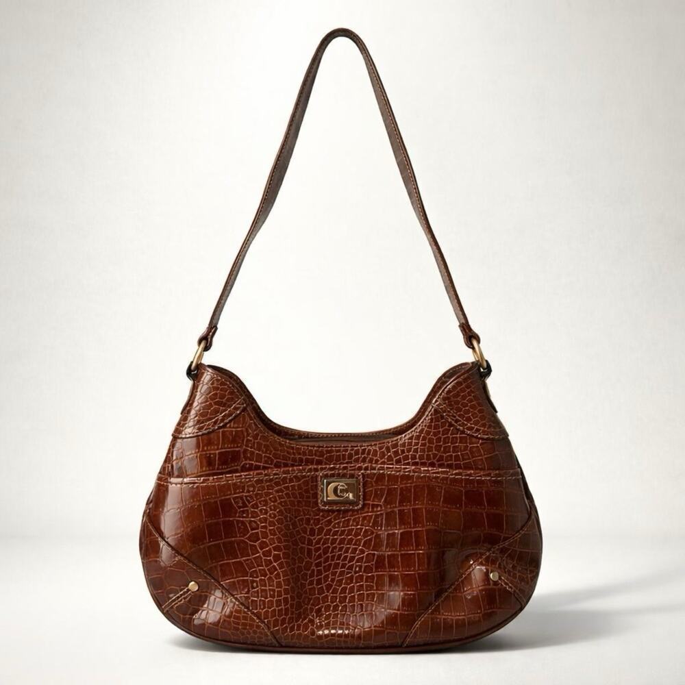 Vintage Unbranded Brown FauxLeather PVC Croc Embossed Shoulder Bag HighQuality